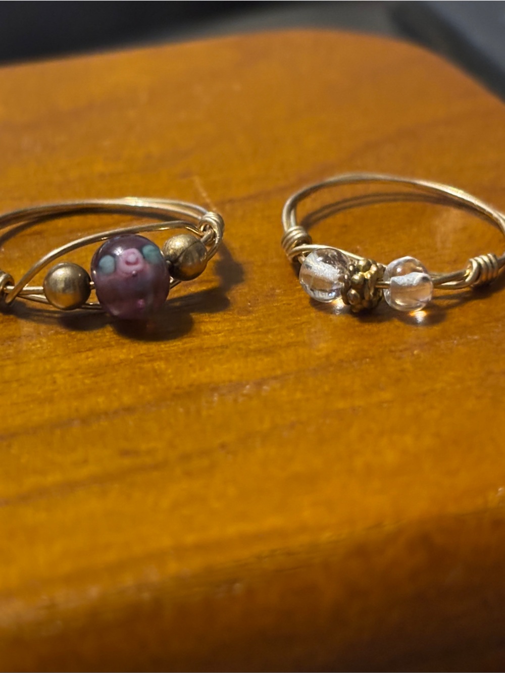 Artisan Gold Wire Stackable Rings with Purple Bead and Clear‎ Accents